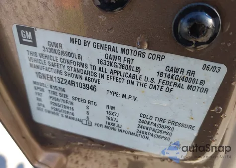 2004 Chevrolet Tahoe Ls from USA, damaged, VIN 1GNEK13Z24R103946